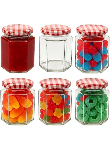 Offer Shop Glass Jam Jars with Red Gingham Lid &amp; Labels - 280ml / 9oz Hexagonal Storage Glass Jars   Clear Airtight Jar for Kitchen Spices Honey or Sweets - 6 Set