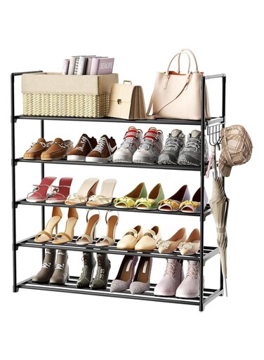 NA HOMEBITE 5 Tiers Metal Shoe Rack,Adjustable Shoe Shelf Storage Organizer with Versatile Hooks,Stackable Boot &amp; Shoe Storage,for Entryway,Hallway,Living Room,Closet,Black