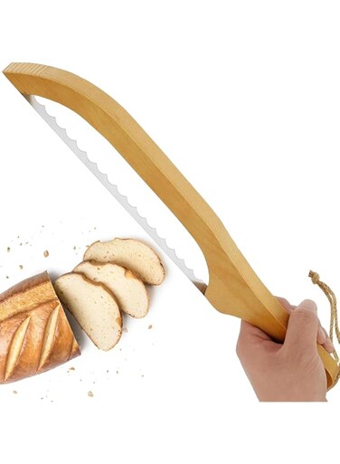 Khazna Bread Bow Knife for Homemade Bread, 15.7 Inch Stainless Steel Serrated Bread Slicer, with Wooden Handle Multi-Purpose Bread Saw Cutter for Cutting Bakery Bagel Making Tool, Ergonomic Handle