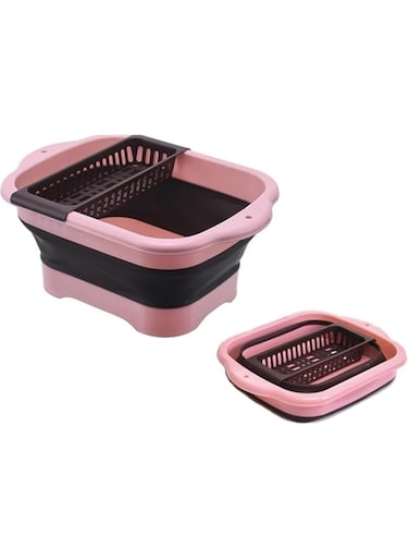 Tazweeq Folding Double Tier Wash Basin, Kitchen Square Dish Rack, Dishwashing Basket Fruit Basket, Expandable Basket Basin with Drain Plug, Portable Kitchen Storage Tray
