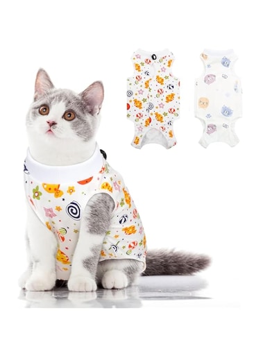 FUIN 2 PCS Cat Recovery Suits Cotton Recovery Body Wraps Breathable Kittens Recovery Clothes for Cats Small Dogs Abdominal Recovery Weaning (Banana, Football, Strawberry, Donut,M)