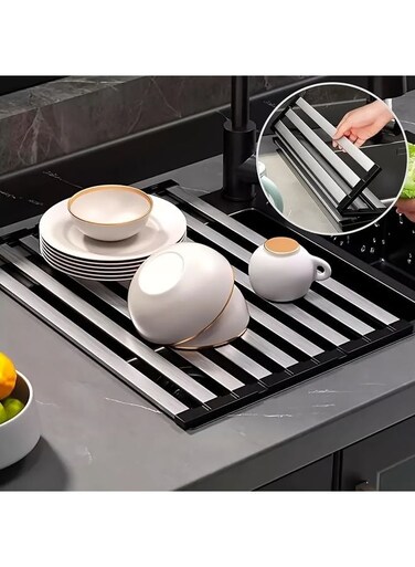Roll Up Dish Drying Rack, 304 Stainless Steel Over Sink Dish Drying Rack, Foldable Heat-Resistant Dishes Drainer for Kitchen and RV Sink Counter