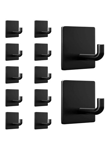 Adhesive Towel Hooks, 12 Pack 304 Stainless Steel Wall Hangers, Black Waterproof Hooks for Towels, Coats, Keys, Heavy Duty Adhesive for Bathroom, Kitchen and Home Use
