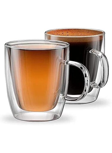 Lushh Double Wall Glass Coffee Cups, Insulated Glass Coffee Mugs for Espresso, Latte, Cappuccino, Tea and beverages glass Mug with handle, 350 ML 2pcs Set