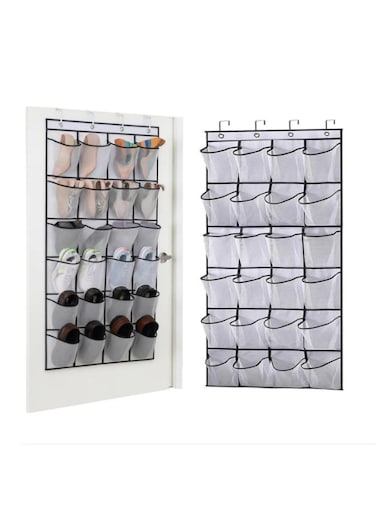 24 Large Mesh Pockets Over The Door Shoe Rack, Hanging Shoe Organizer for Closet Hanging Shoe Rack Holder Hanger, White Transparent Cloth Mesh