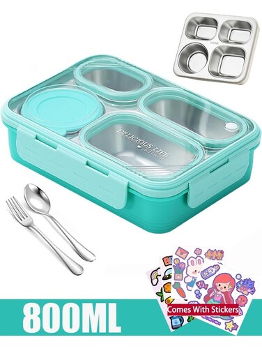 Stainless Steel Lunch Box with Divided Compartments Meal Prep Containers Lunch Box for Adults &amp; Kids Leak &amp; Spill Proof Snack Box with Utensils BPA-Free &amp; Dishwasher Safe (Green 800ML with Bowl)