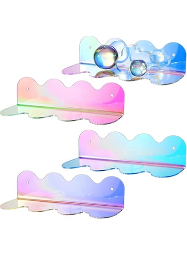 Azonee Iridescent Acrylic Shelves, 4pcs Clear Rainbow Floating Shelves for Wall, Modern Sunglasses Essential Oil Picture Ledge Display Toy Storage Wall Shelf Wavy Wall Mounted Display Stand