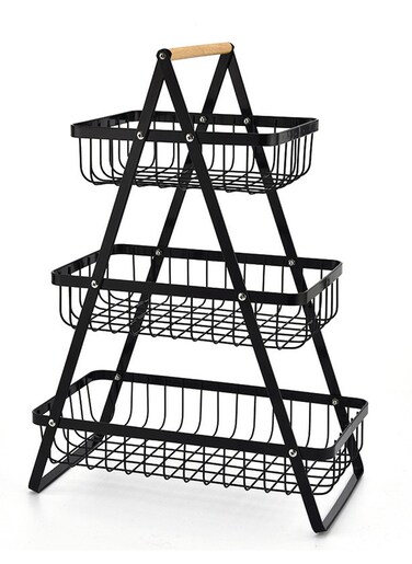 Fruit Basket for Kitchen Countertop 2 Tier Portable Metal Wire Storage Rack with Wooden Handle Detachable Rectangle Basket for Kitchen Organizer Storage Bread Snacks Fruits 3 Layer Black.