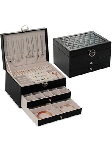 BSJIASHIWEI Jewelry Box,3 Layer Jewellery Organizer for Women Girls,Jewellery Storage Case with Lock and Removable Tray,for Necklace, Earrings,Bracelets,Rings (Black)