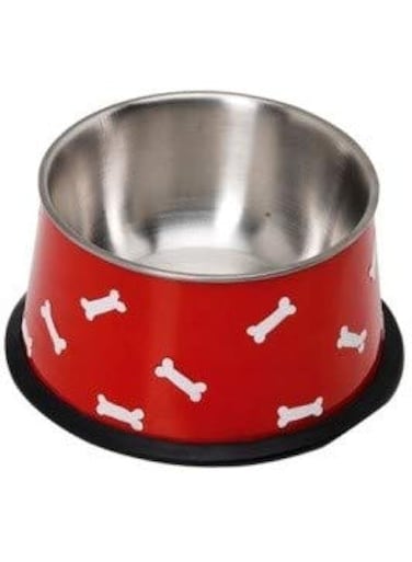 Camon Embossed Steel Bowl,1500 ml,Red Decorated Steel Bowl for Dog, Dog Food Water Bowl, Non-Slip Pet Bowl, Cat Food &amp; Water Bowl, No Tip, Stainless Steel, Steel Dog Bowl, Large Stainless Stell Bowl