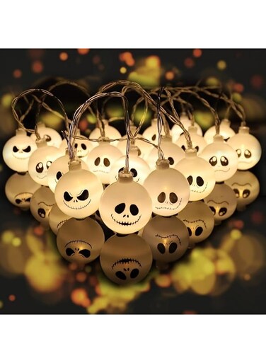 HIGHLAND Ghost LED Halloween String Lights with 20 Bulbs &ndash; White Ghost Skull Halloween LED Lights - Halloween Decoration Lights Indoor Outdoor - Halloween Ghost Lights