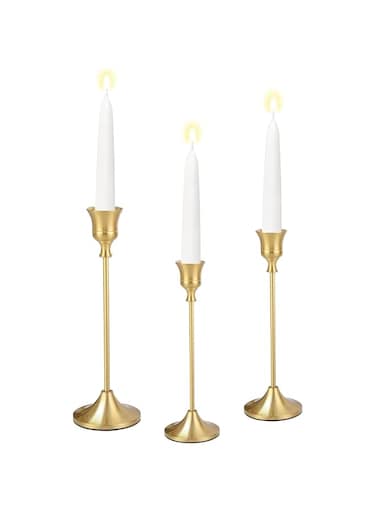 Vintage Modern Brass Gold Taper Candle Holders, Set of 3, Vintage Modern Decorative Centerpiece for Table Mantel Wedding Housewarming Gift