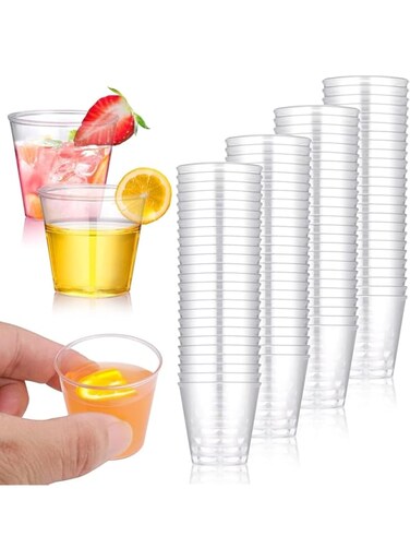 Aputue Clear Plastic Cups, 100 Pack 30ml Plastic Shot Glasses Made of PS Material, Premium Party Cups for Tasting Food Samples, Disposable Cups for Condiments, Jello Shots, Tasting, Sauce