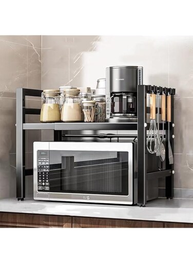 Diylove Extendable Microwave Shelf, Adjustable Toaster Oven Rack Kitchen Counter Top Organizer Stand, 2-Tier with 6 Hooks,198 lbs Weight Capacity, Black
