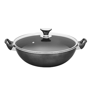 Sonex - Non-Stick Cooking Wok with Glass Lid, 30 cm, 4 Ltr Capacity, PFOA-Free Teflon Coating, Easy Clean, Dishwasher Safe, Hard Enamel Exterior, Cool Handle, Grey