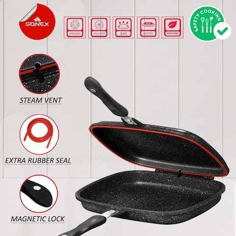 Sonex - Diecast Non-Stick Double Grill Pan, 30 cm, Marble Coated, Durable, Ergonomic Cool Handles, Extra Rubber Seal, Magnetic Lock, Korean Technology