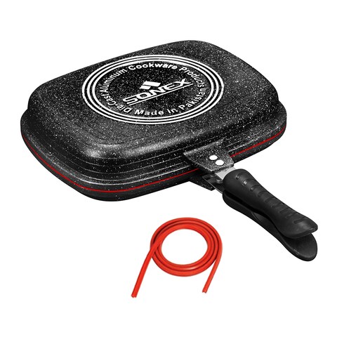 Sonex - Diecast Non-Stick Double Grill Pan, 30 cm, Marble Coated, Durable, Ergonomic Cool Handles, Extra Rubber Seal, Magnetic Lock, Korean Technology