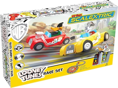 Scalextric Micro My First Looney Tunes Bugs Bunny vs Daffy Duck Battery Powered 1:64 Slot Car Race Track Set G1141T, Yellow &amp; Red
