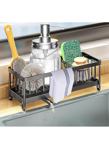 304 Stainless Steel Sink Caddy Organizer, Countertop Sponge Holder Kitchen Sink Sponge Storage Rust-Resistant Steel Sink Organizer for Sink,Countertop with Removable Drain Tray with Diversion Drainage