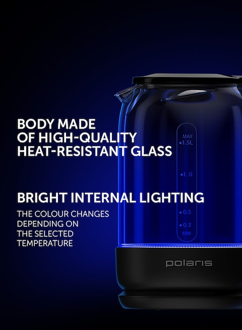 Polaris PWK 1712CGLD Smart Electric kettle Wi-Fi IQ Home, Wi-Fi remote control, Pouring water without opening the lid, English controller strix, Bright internal lighting, Heat-resistant glass
