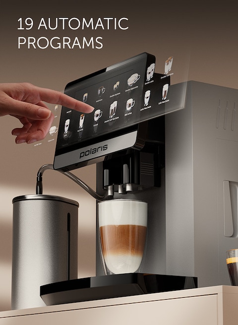 Polaris PACM 2080 Smart Coffee Machine WiFi IQ Home, Wi-Fi Remote Control, Italian 20-Bar Pump, Profi-Cream Milk Frothing System, Personalized Customization, 12 Grind Levels