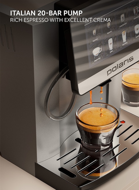 Polaris PACM 2080 Smart Coffee Machine WiFi IQ Home, Wi-Fi Remote Control, Italian 20-Bar Pump, Profi-Cream Milk Frothing System, Personalized Customization, 12 Grind Levels