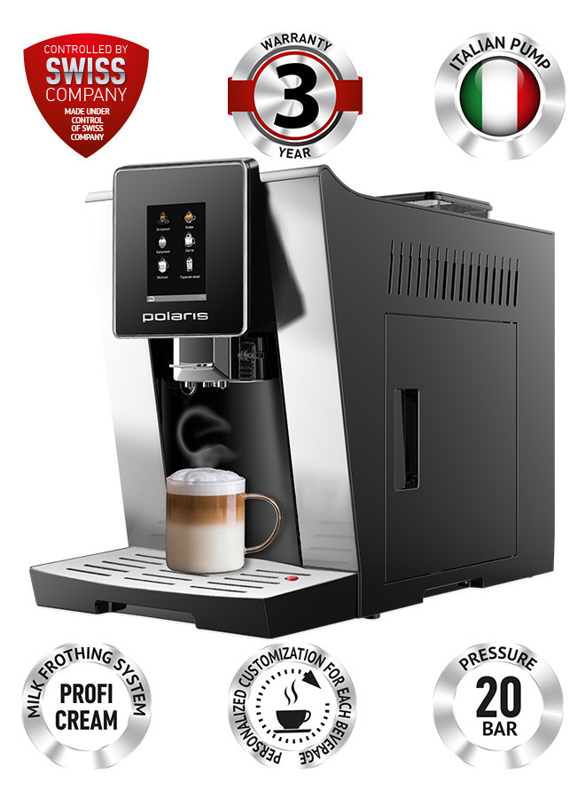 Polaris PACM 2060AC Coffee machine, 20 Bar pressure, Italian pump, Personalized customization, Milk frothing system profi-cream, 3.5 inchTouchscreen display,6 pre-installed automatic programs
