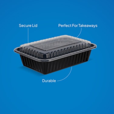 Hotpack Black Base Rectangular Container 8388 With Lid, 10 Pieces (8 + 2 Free), 750 Ml (25 Oz), Bento-Style Storage, Leak-Proof And Ideal For Professional Meal Prep.