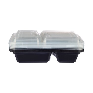 Hotpack Disposable Bento, Food Storage, Microwavable Meal Prep Container, Black Base Rectangular Container 2-Compartment with Clear Lid, 50 Pieces