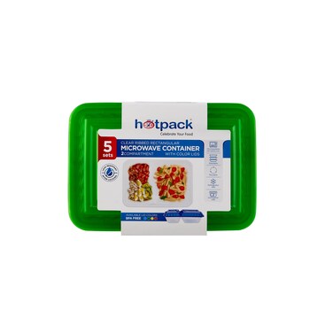 Hotpack Clear Ribbed Rectangular Microwave Container 2-Compartment with Multicolour Lids, 5 Sets