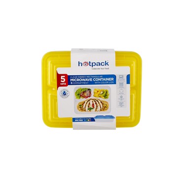 Hotpack Clear Ribbed Rectangular Microwave Container 3-Compartment with Multicolour Lids, 5 Sets