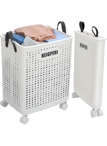 ANTOLE Collapsible Laundry Basket with Wheels and Handle, Foldable Laundry Basket,With wheels and Handles, Versatile Portable Storage Basket, for Bedroom, Bathroom, Dorm, Toys Storage (White)