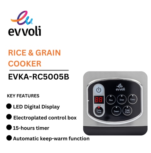 Evvoli Rice And Grain Cooker 5 Liters 650W Multi-Functions Non Stick, Silver EVKA-RC5005B
