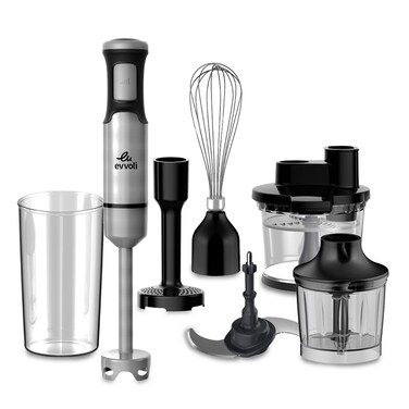Evvoli 6-in-1 1200W Hand Blender with Stainless Steel, 2L Food Processor, 600ml Beaker, 1000ml Chopper, Potato Masher, and Whisk - Black (EVKA-HBL6B)