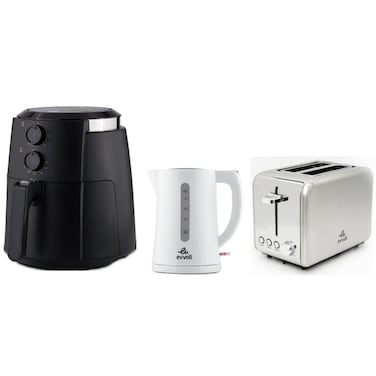 Evvoli Air Fryer 4L Manual control and  and Toaster 2 Slices, Stainless Steel EVKA-TO7HS, and Kettle 1.7L, Auto Cut-Off EVKA-KE17LW, Bundle