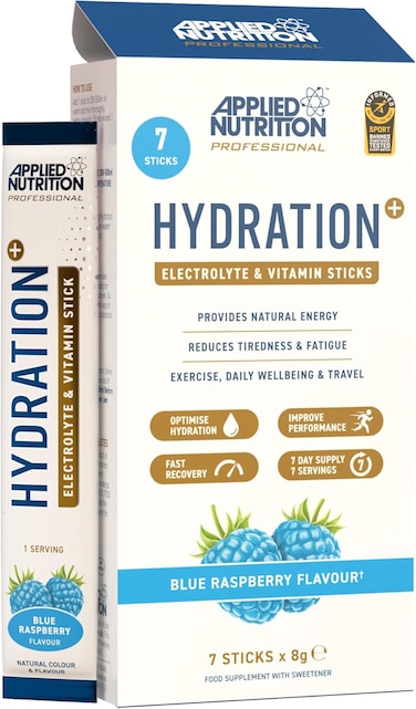 أكياس Applied Nutrition Hydration+، مزيج مسحوق الإلكتروليتات، ترطيب سريع، فيتامينات وطاقة، خالي من السكر ونباتي، بنكهة التوت الأزرق، 7 أكياس × 8 غرام