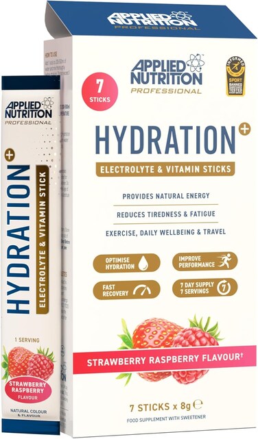 أكياس Applied Nutrition Hydration+، مزيج مسحوق الإلكتروليتات، ترطيب سريع، فيتامينات وطاقة، خالي من السكر ونباتي، بنكهة الفراولة والتوت، 7 أكياس × 8 غرام
