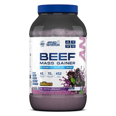 Applied Nutrition Beef Mass Gainer Protein Powder &ndash; 42g Beef Protein Isolate, High Calorie Weight Gainer Supplement, Lactose Free, Low Sugar (3.13kg &ndash; 25 Servings) (Blackcurrant Millions)