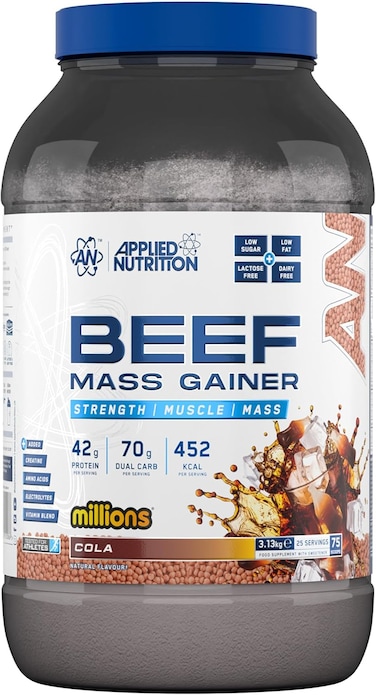 Applied Nutrition Beef Mass Gainer Protein Powder &ndash; 42g Beef Protein Isolate, High Calorie Weight Gainer Supplement, Lactose Free, Low Sugar (3.13kg &ndash; 25 Servings) (Cola Millions)