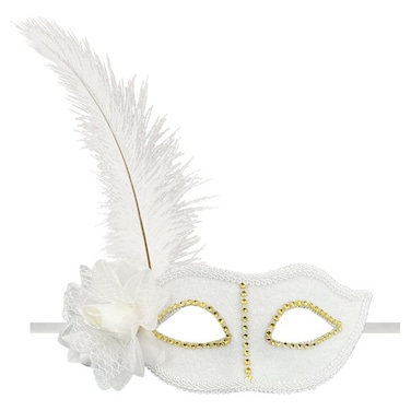 White Eye Mask with Gold Diamonds &amp; White Feather