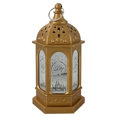 Eid Metal Lantern with Lights Gold 7x7x13cm