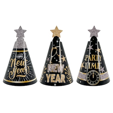New Year Cone Hats 9'' Assorted 6Pcs/Pk