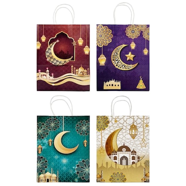 Eid Mubarak Kraft Gift Bags Medium 21x11x27cm Assorted Designs Pack of 6