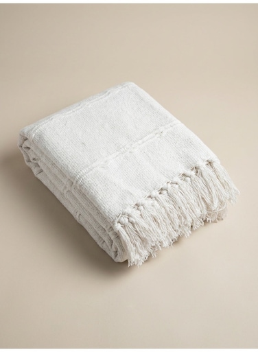 130 x 160 cm 400GSM Cotton Montesa Cotton Throw White Blanket for Sofa and Bed, Boho Tufted Fringed Woven Decorative Cover for Couch Lounge Travel and Picnic