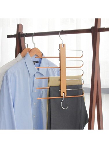 Magic Pants Hangers,Space Saving Closet Hangers 5 Layers Multi Functional Pants Rack   Solid Metal &amp; Wood Heavy Duty Wardrobe Organizer Racks for Clothes Trousers Scarves Ties (1Pack Natural)