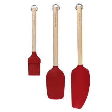 KitchenAid Birch Wood 3-Piece Baking Set &ndash; Heat Resistant Non-stick Safe Silicone Spoon Spatula, Mixer Spatula &amp; Pastry Brush