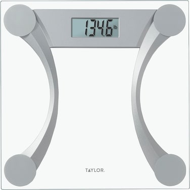 Taylor 400 Lb. Capacity Clear Glass Digital Bathroom Scale with Metallic Accents, 11.8-inch x 11.8-inch Platform, Silver