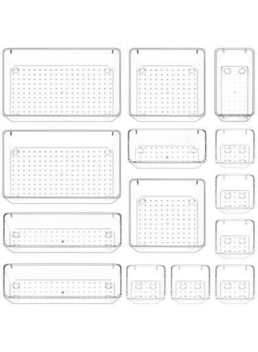Puricon 14 Pcs Desk Drawer Organizers Trays Set Clear Plastic Storage Bins Bathroom Drawer Tray Dividers Vanity Trays Organizer for Bedroom Dresser Makeup Kitchen Utensil Office
