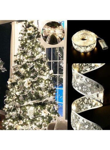 GIHOO Christmas Ribbon 100 LED Lights with Battery Powered (Silvery) 32ft
