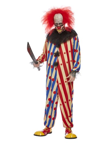 Creepy Clown Costume, Red &amp; Blue, All In One, Neck Ruffle &amp; Mask